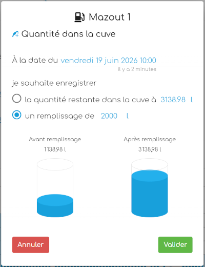 Enregistrement d'un plein de mazout